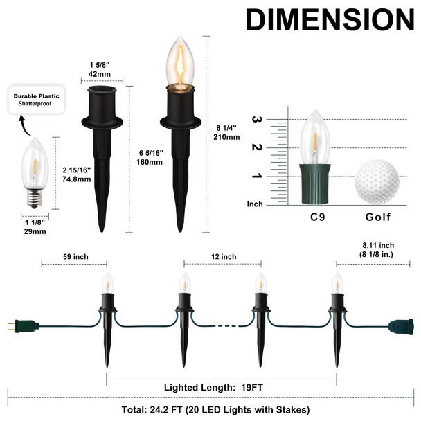 C9 Christmas Pathway Lights Outdoor LED - 24.2 Feet String Lights with 20 Bulbs, Waterproof Christmas Path Lights with Stake for Yard, Garden, Lawn, Walkway, Driveway, Sidewalk, Warm White
