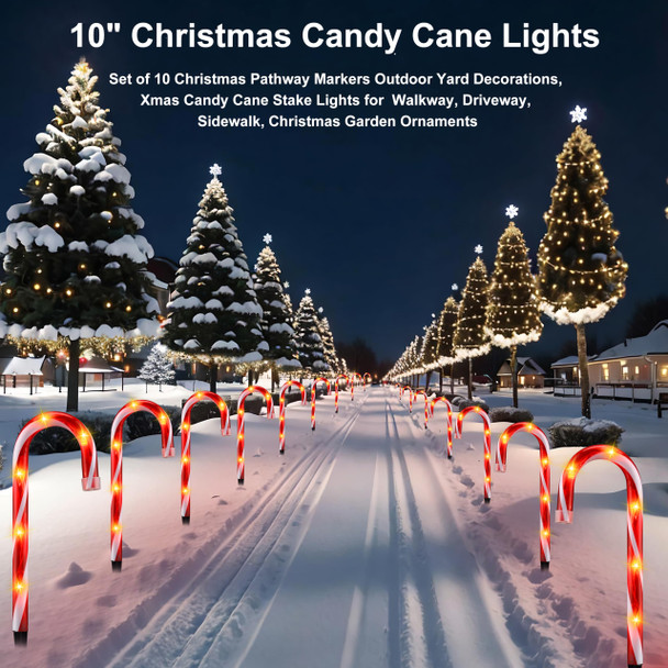 10" Christmas Candy Cane Lights - Set of 10 Pathway Markers Christmas Outdoor Yard Decorations, Xmas Candy Cane Stake Lights for Lawn, Walkway, Garden, Xmas Party Indoor Ornaments