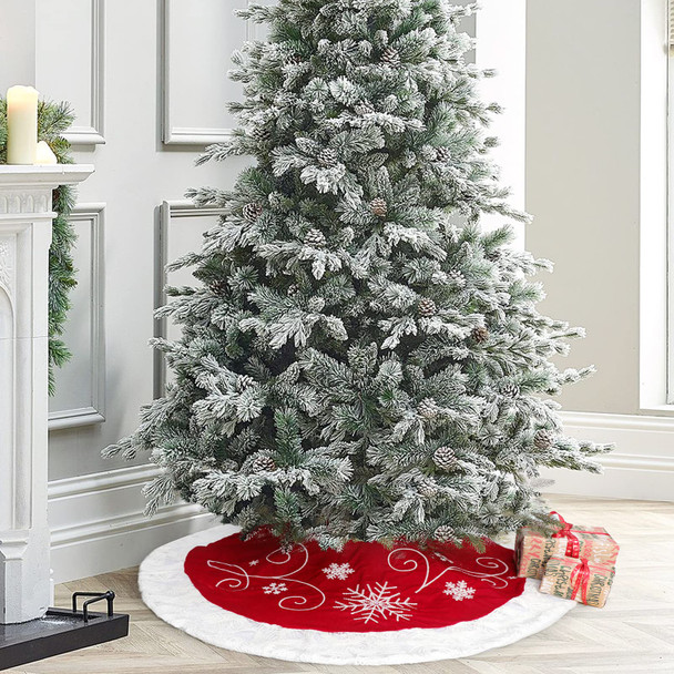 Christmas Tree Skirt, 32 Inch Red Velvet Tree Skirt with Embroidered Snowflakes Sequins White Trim Border, Holiday Party Tree Decoration