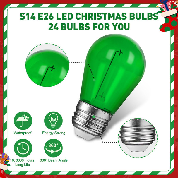 48 Pcs Christmas Colored LED String Light Bulbs Plastic Waterproof S14 Replacement Bulbs E26 Base 1 Watt LED Bulb for Indoor Outdoor String Lights Christmas Decoration(Multicolor)