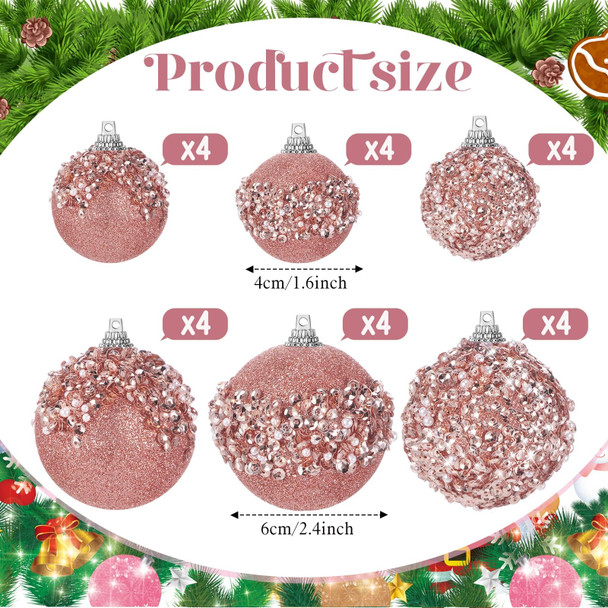 Poen 24 Pcs Glitter Christmas Ball Ornaments Set Christmas Tree Ornaments Hanging Sequin Foam Christmas Balls Decoration for Xmas Tree Wreath Garland Christmas Home Decor Wedding Party(Rose Gold)