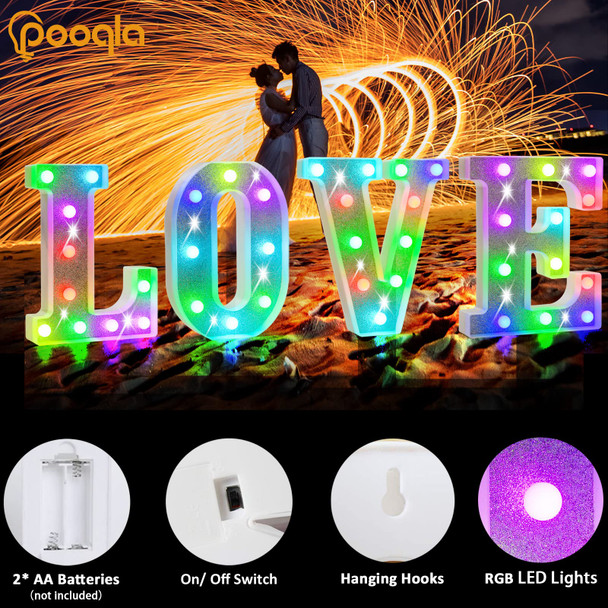 Pooqla Colorful Light Up Letters, Led Letter Lights Marquee Letter Signs Battery Powered, 18 Colors Letter Lamp with Remote for Birthday Party Wedding Home Bar Christmas Decorations, Glitter Silver W
