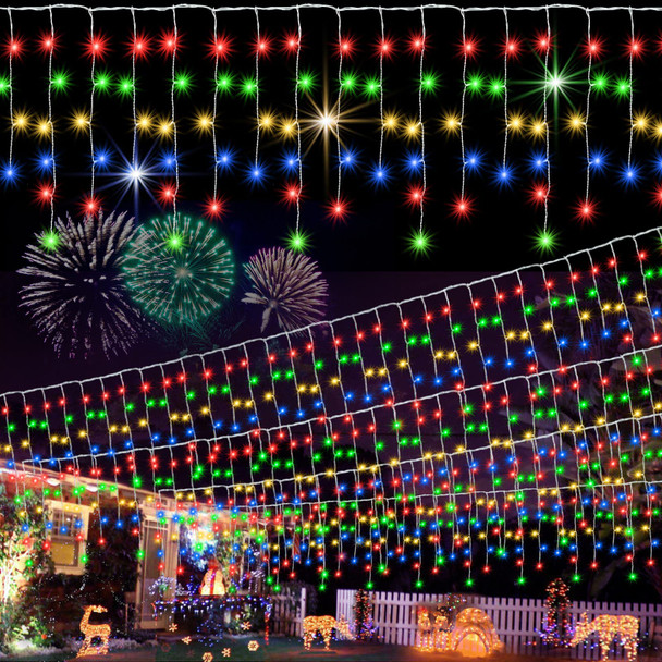 Pooqla Christmas Icicle Lights Outdoor Decoration, Colorful LED String Lights Lights 8 Modes, 30FT 300LED Hanging Roof Lights 60 Drops for Window Home Party Garden Yard Christmas Decoration