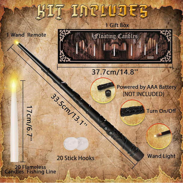 20PCS Floating Candles with Wand, Flickering Warm Light Taper LED Flameless Candles with Wand Remote, Magic Hanging Candles, Christmas Decoration for Home Indoor Party