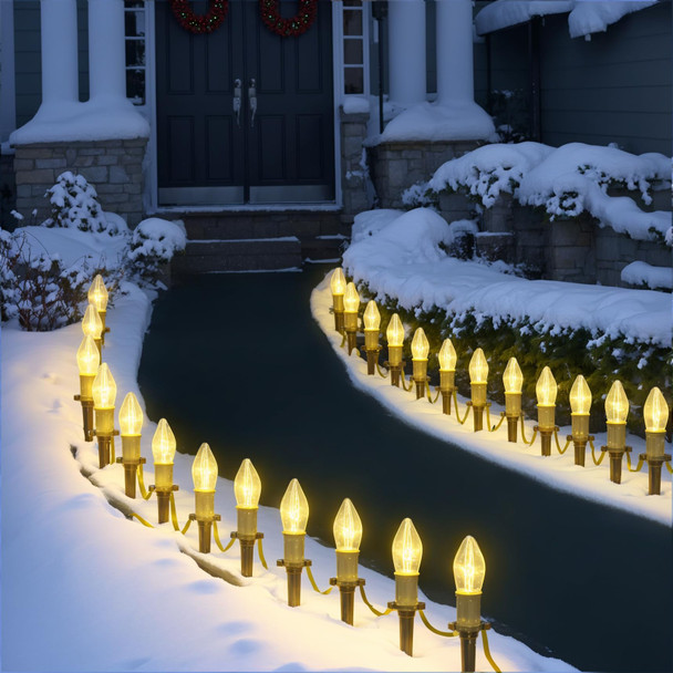 C9 Christmas Pathway Lights Outdoor 30.75 FT Sidewalk Lights with Marker Stakes, 24 Connectable Waterproof Walkway Christmas Lights for Outdoor Lawn, Christmas Yard Decorations, Warm White, 2 Pack