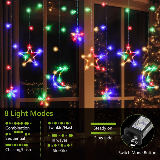 PUHONG Christmas String Lights, 138 LEDs Curtain Lights with 8 Light Modes, 11.48FT Star Moon Indoor Outdoor Fairy String for Window, Bedroom, Wall, Home Decoration - Multicolored