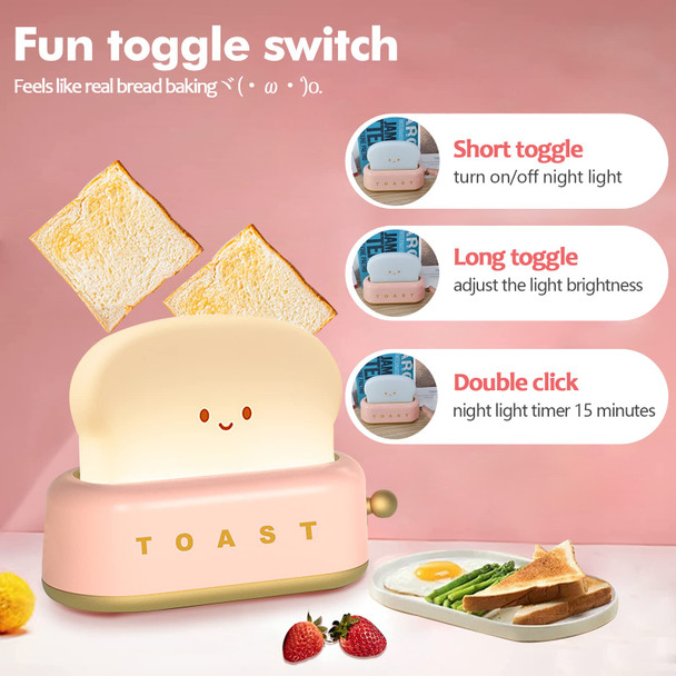 QANYI Cute Desk Decor Toaster Lamp, Kawaii LED Toast Bread Night Light Rechargeable and Portable Light with Timer, Christmas s Ideas for Baby Kids Girls Teens Teenages