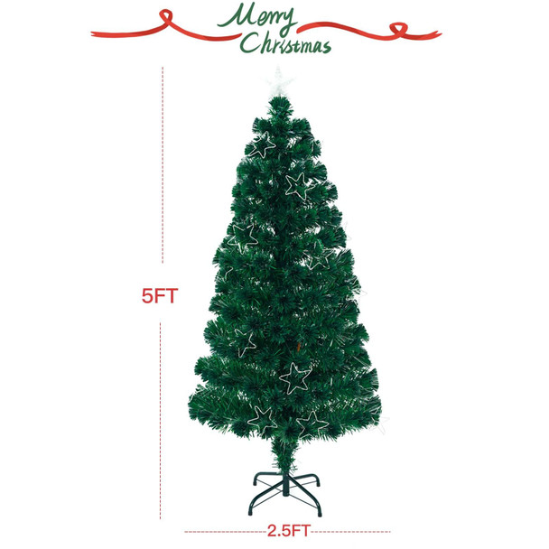 5Ft Fiber Optic Artificial Christmas Tree with Lighted Copper Wire Stars and Tree Topper, Pre-lit Christmas Tree for Holiday Home Office Decor with Foldable Base