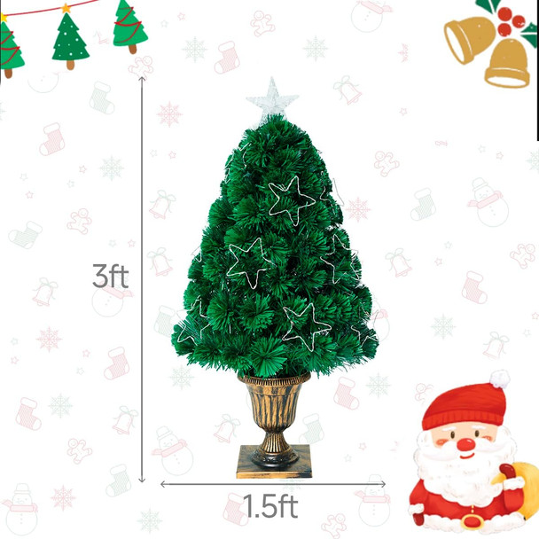 3Ft Fiber Optic Artificial Christmas Tree with Lighted Copper Wire Stars and Tree Topper, Potted Pre-lit Christmas Tree for Entrance Proch Yard Front Door