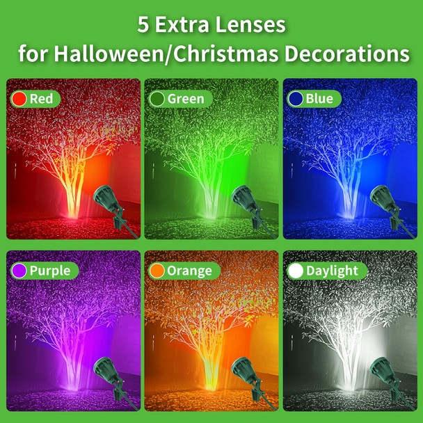LED Christmas Spotlight Outdoor Plug in, 800LM Waterproof Flood Lights with 5 Extra Lenses (Red Green Blue Purple Orange), 5000K Landscape Light for Yard, Flag, Holiday Decor, ETL Listed, 2 Pack LED Christmas Spotlight Outdoor Plug in, 800LM Waterproof Flood Lights with 5 Extra Lenses (Red Green Blue Purple Orange), 5000K Landscape Light for Yard, Flag, Holiday Decor, ETL Listed, 2 Pack