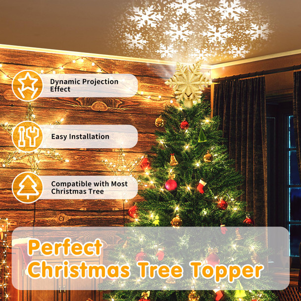 Christmas Tree Topper Lighted, Rotating Snowflake Pattern Projector, 3D Hollow Glitter Lighted Snow Tree Topper for Xmas Party Holiday Christmas Tree Decorations(Gold Snow)