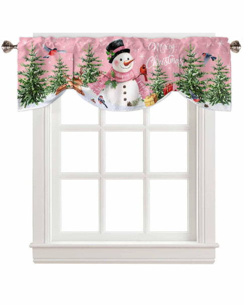 Christmas Pink Tie Up Window Valances for Kitchen Cute Snowman Rod Pocket Curtain Valances Christmas Tree Snowflake Short Topper for Small Windows Valance Curtains for Bedroom Living Room 42" x 18"