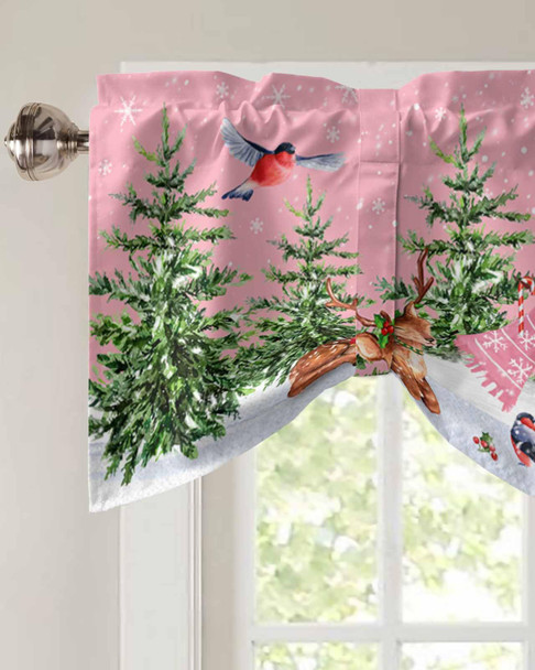 Christmas Pink Tie Up Window Valances for Kitchen Cute Snowman Rod Pocket Curtain Valances Christmas Tree Snowflake Short Topper for Small Windows Valance Curtains for Bedroom Living Room 42" x 18"