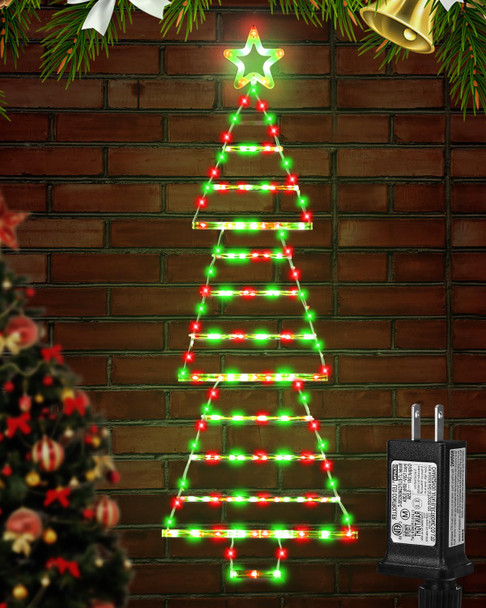 Christmas Lights Decorations, 4.4 FT LED Christmas Tree Shaped Ladder Lights with Star, Plug-in Waterproof 8 Modes Christmas Window Hanging Lights for Indoor Outdoor Wall Door Xmas Decor