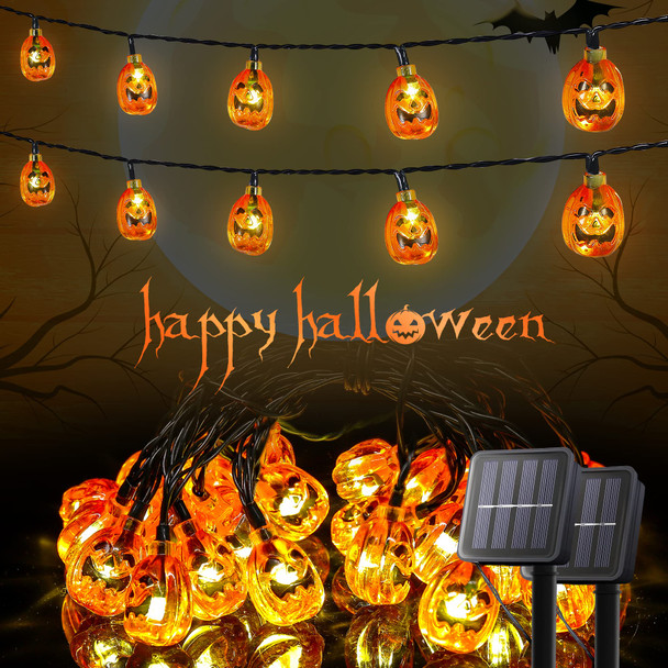 2 Pack Halloween Solar String Lights Outdoor,20ft 30 LED Pumpkin Lantern Thanksgiving Halloween Decorations for Ourdoor Garden,Yard, Patio, Xmas Tree, Party, Home(Pumpkin,2PACK)