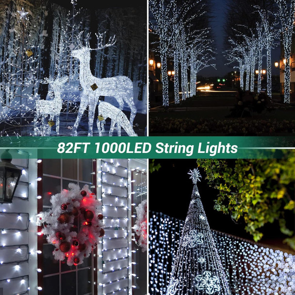 Quntis 82ft 1000 LED Cluster Christmas String Lights - 8 Modes Christmas Tree Lights - Outdoor Waterproof Dark Green Wire Christmas Lights Plug in for Holiday Wedding Party Home Decor, White
