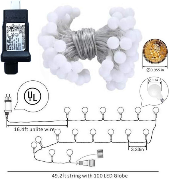 Globe String Lights 49 Feet 100 led,8 Modes Fairy Plug in Indoor String Lights for Bedroom,Classroom,Outdoor, Patio,Garden,Party,Wedding-Warm White