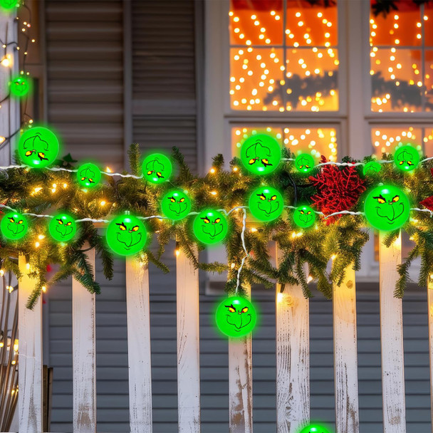 20 LED 10 Ft Grinech Christmas Lights,Battery Operated Christmas String Lights,Green Monster Christmas Decorations for Tree Home Garden Indoor Outdoor Decor,Home Party Favors