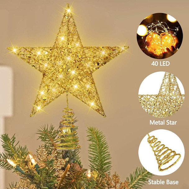 Raxurt Christmas Tree Topper, 40 LED 11 Inches USB Lighted Star Tree Topper with Remote Control Decorations for Indoor Home Decor, Gold/Large