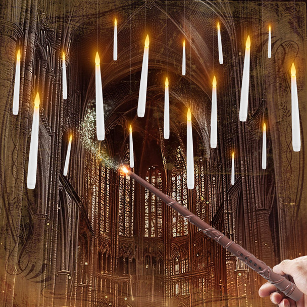 20 Pcs Floating Candles with Wand, Hanging Candles with Timer, Magic Deco Candles Flickering Warm Light, Flameless Taper Candles with Wand Remote, LED Candlesticks for Birthday Halloween Party Decor