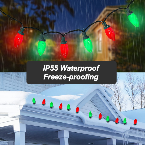C9 Christmas String Lights - 50 LED 39Ft Outdoor Smooth Bulb Lights with Timing Function, Extendable, 8 Modes Fairy Lighting for Patio Party Dorm Home Wreath Christmas Decorations - Red Green