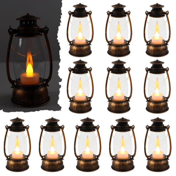 12Pcs Mini Lantern Decorative with Flickering LED Candle, Bulk 6Inch Hanging Candle Lantern, Table Centerpiece, Vintage Lantern Decorations for Western Party Decor,Battery Included (Brown)