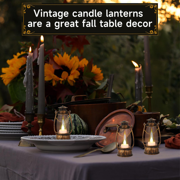12Pcs Mini Lantern Decorative with Flickering LED Candle, Bulk 6Inch Hanging Candle Lantern, Table Centerpiece, Vintage Lantern Decorations for Western Party Decor,Battery Included (Brown)