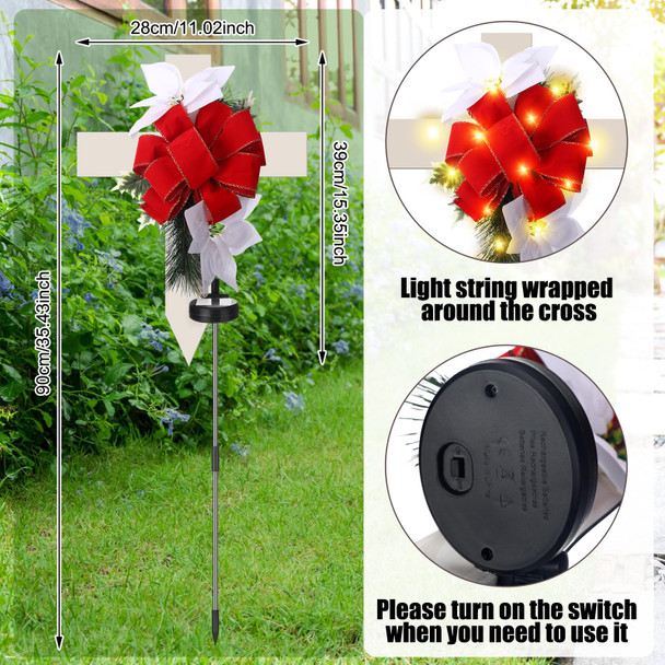 Retisee 2 Pcs Christmas Grave Decorations for Cemetery 34.65'' Christmas Waterproof Solar Outdoor Cross Lights Decorations Artificial Cemetery Flowers Memorial Xmas Cross Stake for Garden