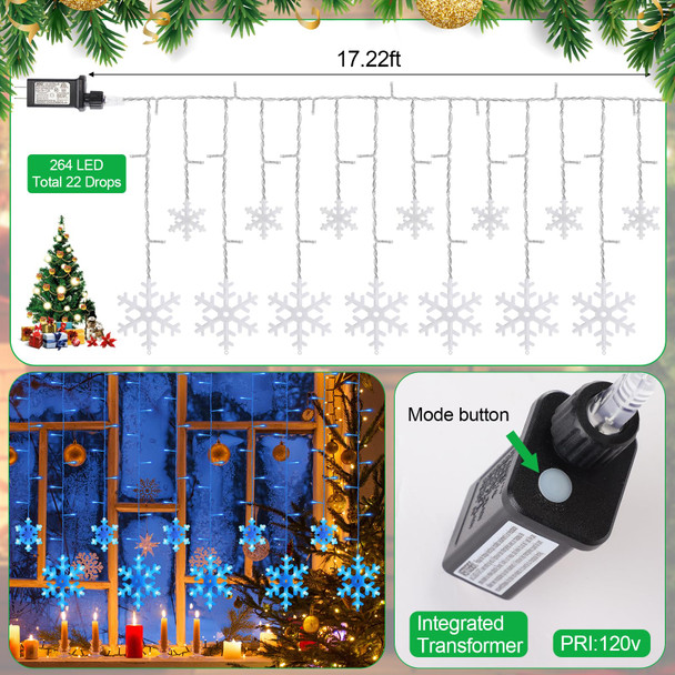 Retisee 17.22 ft Christmas Snowflake Lights, LED Lights Outdoor with Drops, 8 Modes, Ip44 Waterproof Christmas Lights for Curtain Eaves Window Indoor Outdoor Xmas Decorations(Blue)