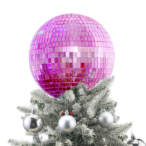 Retisee 8'' Pink Disco Ball Christmas Tree Topper Disco Mirror Ball Xmas Tree Topper 3D Hollow Pink Disco Ball Decor Disco Ball Ornament for 70s Disco Holiday Wedding Birthday Party Decorations