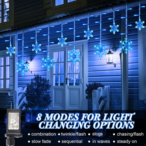 Retisee 34.45 ft Christmas Snowflake Lights, LED Lights Outdoor with Drops, 8 Modes, Ip44 Waterproof Christmas Lights for Curtain Eaves Window Indoor Outdoor Xmas Decorations (Blue)