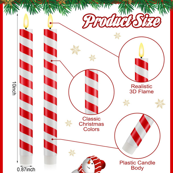 Retisee 24 Pieces Christmas Flameless Taper Candles Bulk Candy Cane Striped LED Candle Stick Battery Operated Taper Candles Flickering Candle Lights for Christmas Candles Decorations (Red and White)