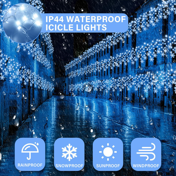 Retisee 600 LED 49.21ft Christmas Snowflake Solar Icicle Lights Outdoor Decoration Waterproof Cold White Light Fairy String LED Light with 96 Drops 8 Lighting Modes with Timer Memory Winter Holiday