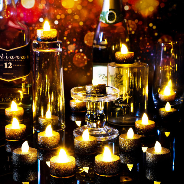 Retisee 48 Pcs Flameless LED Tea Lights Gold Black Glitter Electric Fake Candles for Centerpieces Battery Operated Anniversary Decorations Romantic Winter Decor for Wedding Festival Christmas Birthday