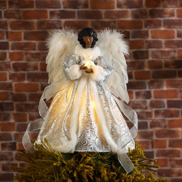 12 Inch Black Angel Christmas Tree Topper Standing African American Black Angel Figurines Treetop for Decoration(White, Cute Style)