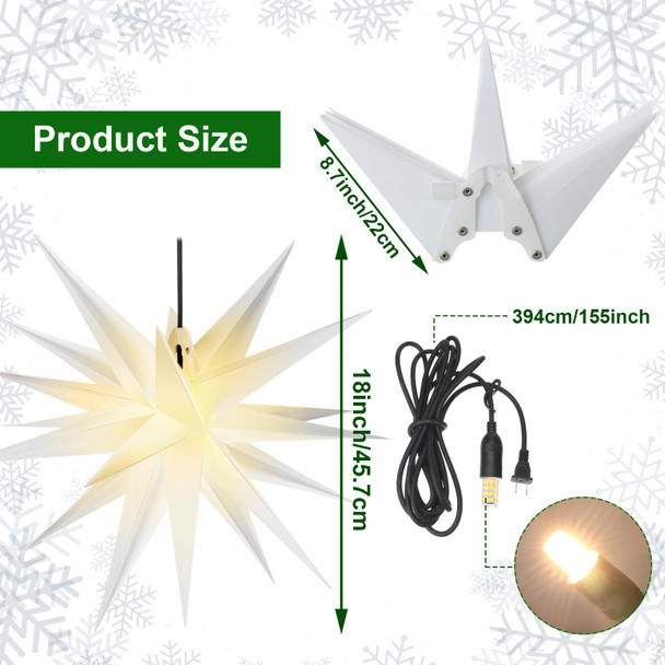 Riakrum 18 Inch Moravian Star Tree Topper Christmas Tree Decor White Advent Star Hanging Outdoor Christmas Star Light Hanging Porch Light Hanging Xmas Treetop Bethlehem Star for Holiday Decor(White)
