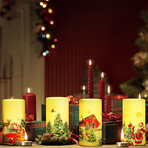 4 Pieces Christmas Flameless Candles Snowman Santa LED Pillar Candles Red Truck Reindeer Christmas Decal Battery Operated Candles White Warm Light for Xmas Tree Winter Holiday Party Decoration