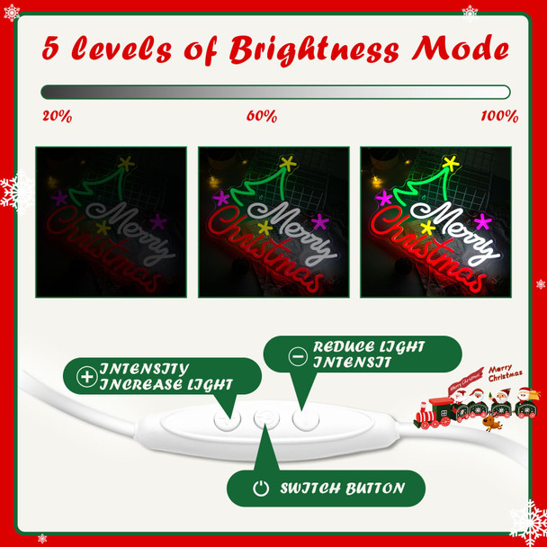 Merry Christmas Neon Sign Dimmable Christmas Tree Neon Signs Vibrant LED Christmas Neon Light up Sign for Wall Decor Window Man Cave Bedroom Wedding Bar Party Year, USB Powered