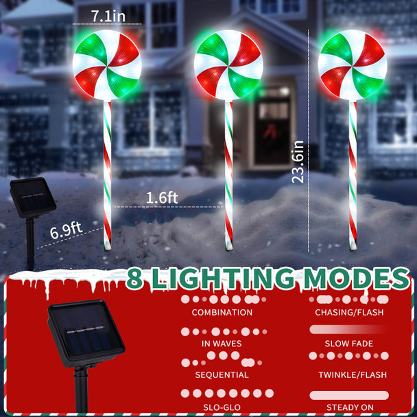 RJZZ 29" Lollipop Lights Christmas Outdoor 3 Pack Candy Cane Lights Outdoor Pathway 8 Modes Solar Peppermint Lights 10FT Christmas Pathway Lights Outdoor for Christmas Yard Garden Walkway Driveway