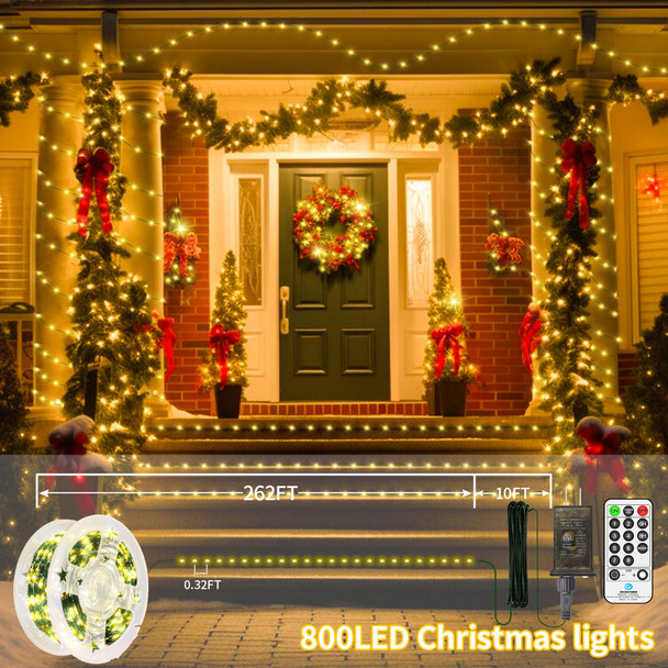 262FT 800 LED Christmas Lights Outdoor String Lights 8 Modes & Timer Twinkle Fairy Lights Plug in Waterproof LED String Lights for Xmas Yard Tree Patio Wedding Holiday Party Decorations (Warm White)