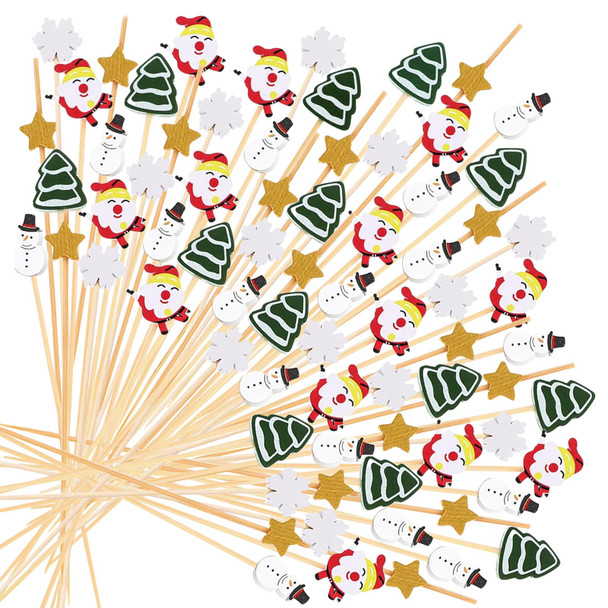 100 Pcs Christmas Cocktail Picks, Appetizer Decorative Toothpicks, Fruits Pick Wooden Bamboo Toothpicks Skewers for Christmas Cake Toppers Decorations, Drink Fruit Desser, Party Food