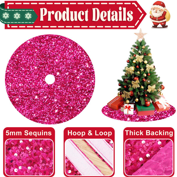 Hot Pink Christmas Tree Skirt 46 Inch Large Sequins Tree Skirt Velvet Embroidered Tree Skirt Fuchsia Tree Blanket Skirts Bling Christmas Tree Cover for Family Party Halloween Decoration