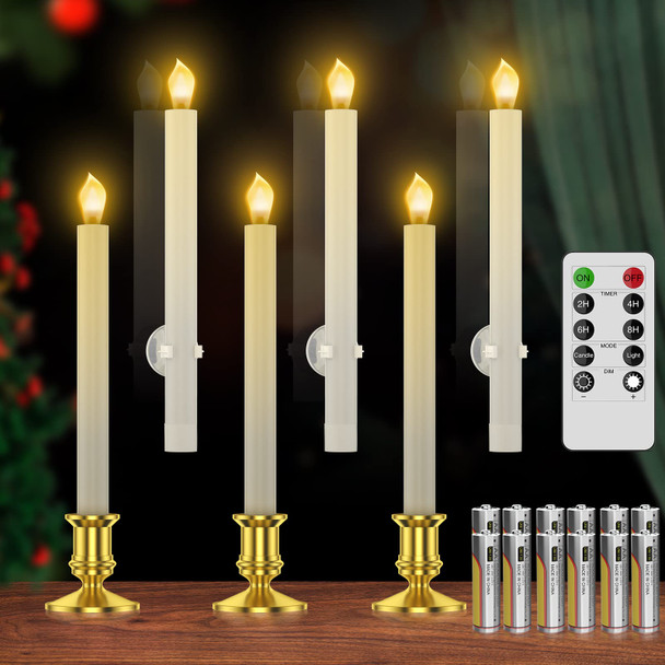 RONXS Window Candles, Flameless Taper Candles with Timer, Christmas Home Wedding Decor Battery Operated Flickering LED Candles with Remote Controls, Gold Candle Holders (B-6pcs Gold)