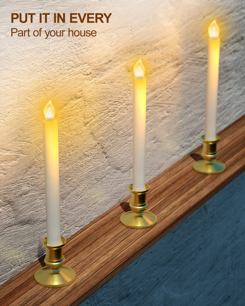 RONXS Window Candles, Flameless Taper Candles with Timer, Christmas Home Wedding Decor Battery Operated Flickering LED Candles with Remote Controls, Gold Candle Holders (B-6pcs Gold)