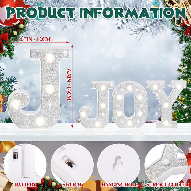 3 Pcs Christmas Joy LED Letter Lights Sign Light up Neon Letters Joy Sign Glitter Alphabet Sign Decorative Marquee Letter Battery Powered Light Decor for Xmas Party Home Wedding, J, O, Y (Silver)