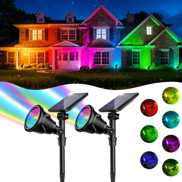 ROSHWEY Solar Spot Lights Outdoor, 7 Colors Halloween Christmas Solar Outdoor Lights Waterproof Landscape Lights 600LM Solar Spotlight Lighting for House Backyard Pool Patio Garden Decor- 2 Pack