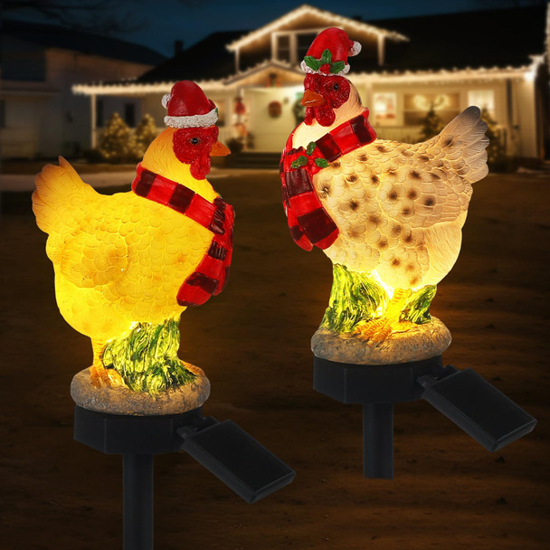 2 Pack Christmas Chicken Solar Light Christmas Stake Light for Outside Waterproof Chicken Statue Solar Light for Winter Home Patio Garden Yard Lawn Pathway Walkway Xmas Outdoor Decoration