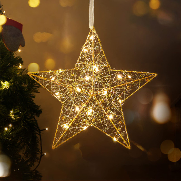 Hanging Outdoor Christmas Star Light, Battery Operated LED Porch Light with Beads, Xmas Warm White Lantern Star Hanging Lamp for Indoor Outdoor Holiday Decorative Ornament, Gold