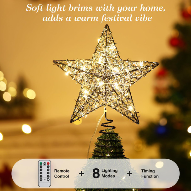 Christmas Star Tree Topper with 8 Lighting Modes, USB Christmas Star Treetop with Timer Decorative Light with Silver Strip, 20 LED Light Xmas Tree Top Decor for Home Indoor Outdoor, Black
