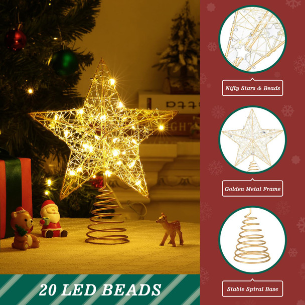 Christmas Star Tree Topper with 8 Lighting Modes, USB Lighted Tree Topper with 20 LED Lights, Shiny Treetop Christmas Tree Decoration for Indoor Outdoor Holiday Home Ornament , 9.8 Inch(H)